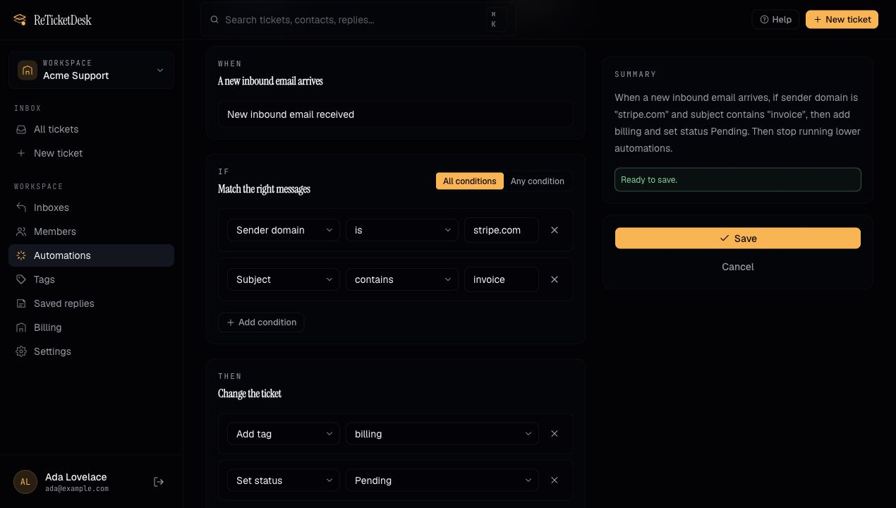 ReTicketDesk automation builder with sender and subject conditions plus tag and status actions
