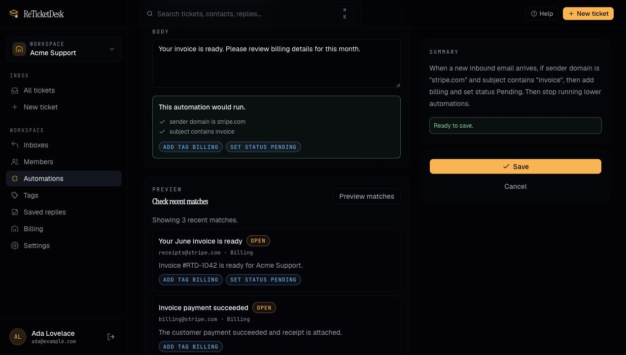 ReTicketDesk automation test result and recent match preview