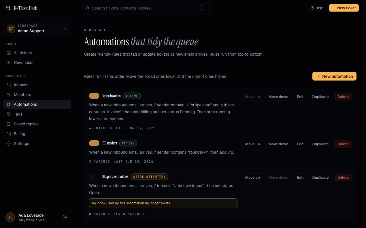ReTicketDesk automation rules list showing active, paused, and needs-attention rules